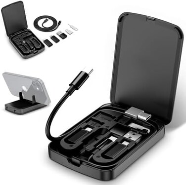 Kiorafoto Multi-Functional Compact Cable Card with 22" USB-C CableUSB-A/Micro-USB/Light/OTG USB Adapter Kit Cable Convertor Storage Box for Traveling Phone Pad Charging PC Computer Data Transfer.