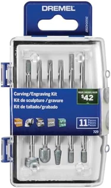 Dremel 729-01 11-Piece CarvingEngraving Rotary Tool Accessories Kit - Includes Engraving BitsGrinding Stones- Ideal for Wood, Metal, and Glass.
