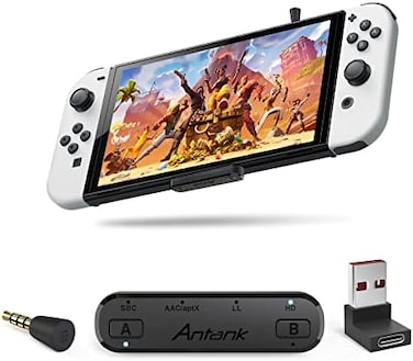 Antank Bluetooth Audio Transmitter Supports aptX-HD aptX Low Latency AAC Compatible with Nintendo Switch/Lite/OLED/PS4/PS5 Dual Broadcast Bluetooth Adapter with Voice Chat in Game.