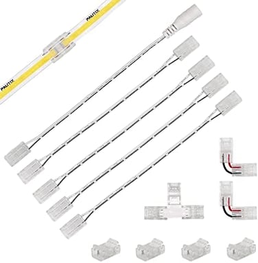 PAUTIX 8mm Connectors for 2-Pin COB LED Strip Lights,4pcs Transparent Gapless Connectors,4pcs Dual End,1pc Single to DC Female Plug 7. 9in Extension Wire,2pcs L-shaped Connectors,1pc T-shaped Connecto