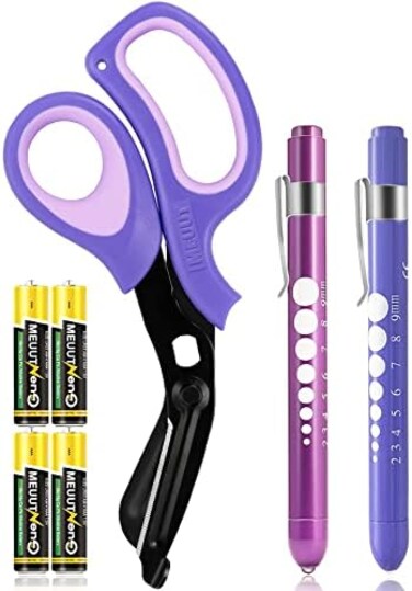 MEUUT 3 Pack PenlightMedical Scissors One 8 Inches Patented Trauma Shears Two LED Pen light with Four Batteries Bandage Scissor for Nurse, First Aid, EMT, Doctor.