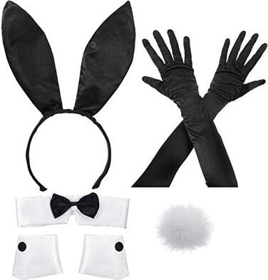 Zhanmai Bunny Costume Set Including Bunny Ear Headband, Collar Bow Tie, Cuffs, Long Gloves and Bunny Rabbit Tail Accessory for Christmas Easter Cosplay Costume Party.