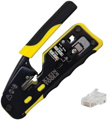 Klein Tools 80024 Ratcheting Data Cable and RJ45 Crimp Tool with CAT6 Plug 50-Pack, Pass Thru Installation Tool Kit.