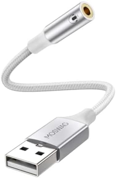 محول صوت MOSWAG من USB إلى مقبس 3.5 ملم، كابل USB إلى AUX مع TRRS رباعي الأقطاب يدعم الميكروفون، محول USB إلى سماعة رأس AUX، بطاقة صوت خارجية لأجهزة الكمبيوتر الشخصية وPS4 وPS5 وغيرها (0.65 قدم/20 سم،