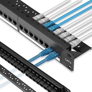 Rapink 24 Port Cat6 Patch Panel with Inline Keystone 10G Support, Pass-Thru Coupler UTP 19-Inch, Removable Back Bar, 1U Network for Cat6, Cat5e, Cat5 Cabling.