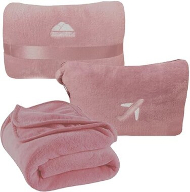 BlueHills Travel Blanket Pillow in Mini Soft Case Premium Plush Airplane Blanket in Soft Bag Compact Pack with Luggage Belt and Backpack Clip - Dusty Rose Pink M02.