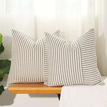 Hckot Grey and Beige Patchwork Farmhouse Throw Pillow Covers 20 x 20 Inch, Pack of 2 Striped Linen Decorative Pillow Case for Sofa Couch Chair Bedroom Modern Decor (20" x 20", Grey.