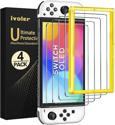 iVoler Pack of 4 Tempered Glass Compatible with Nintendo Switch OLED Model 7 Inch Model 2021, with Free Installation Kit, Screen Protector &ndash; 9H Glass &ndash; Scratch-Resistant &ndash; Bubble-Free.