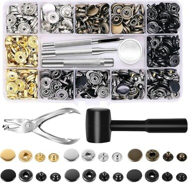 Alritz 120 Set Leather Snap Fasteners Kit with Hammer Puncher, 12. 5mm Metal Button Snaps Press Studs with 4 Setter Tools for Clothes, Jackets, Jeans Wears, Bracelets, Bags (Professional.