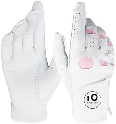 FINGER TEN Women&rsquo;s Leather Golf Glove with Ball Marker Extra Grip 1 Pack, Left Right Hand Pink Fit Woman Girl, Size Small Medium Large XL