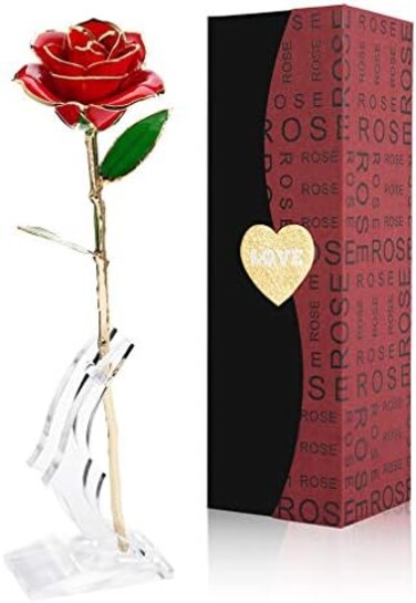 NICEAO (Large, Red- Love Forever Long Stem Gold Foil Trim Red Rose Flower with Transparent Stand, Best Gift for Valentines Day, Mothers Day, Anniversary, Birthday Gift, Treating Yourself, Galentine's