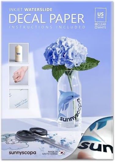 ورق ملصقات Sunnyscopa المائي للطابعات النافثة للحبر - شفاف، مقاس الرسائل الأمريكية 8.5 × 11 بوصة، 100 ورقة، ورق شفاف قابل للطباعة والتخصيص بتقنية نقل الصور المائية - يمكنك تصميمه بنفسك للأكواب والأقدا