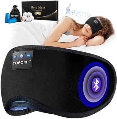 TOPOINT Bluetooth Sleep Eye Mask Wireless Headphones, Upgrade Sleeping Travel Music Eye Cover Bluetooth Headsets with Microphone Handsfree, Long Play Time, Black