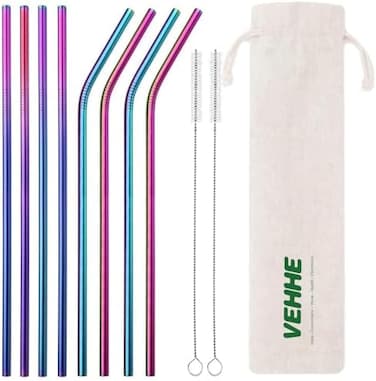 VEHHE Metal Straws Drinking Straws 10.5" Stainless Steel Straws Reusable 8 Set - Ultra Long Rainbow Color-Cleaning Brush for 20/30 Oz for Yeti RTIC SIC Ozark Trail Tumblers (4 Straight4 Bent2 Brush