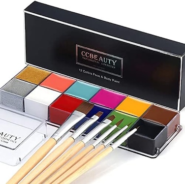 CCbeauty (12 deep colorbrushes- Professional Face Paint Oil 12 Colours Halloween Body Art Party Fancy Make Up with 6 Wooden Brushes,Deep