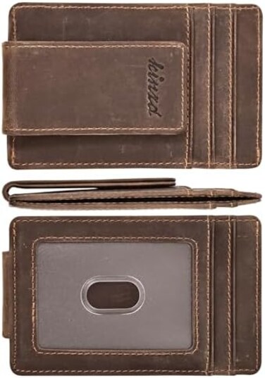 kinzd Money Clip, Front Pocket Wallet, Leather RFID Blocking Strong Magnet thin Wallet (Crazy Horse dark brown