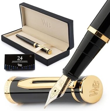 Wordsworth &amp; Black WordsworthBlack Fountain Pen Set, Medium Nib, Includes 24 Ink Cartridges and Ink Refill Converter, Gift Case, Journaling, Calligraphy, Smooth Writing Pens [Black Gold], Perfect for