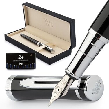 Wordsworth &amp; Black WordsworthBlack Fountain Pen Set, Medium Nib, Includes 24 Ink Cartridges and Ink Refill Converter, Gift Case, Journaling, Calligraphy, Smooth Writing Pens [Black Chrome], Perfect fo