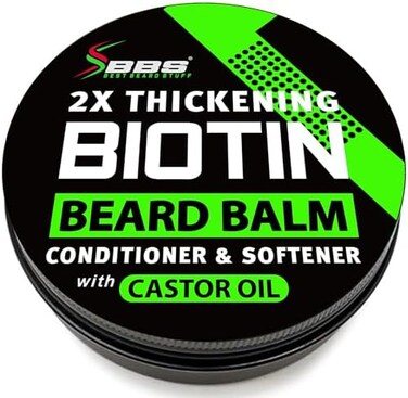 BBS BEST BEARD STUFF 2X Thickening Biotin BalmMustache Wax - Vegan Leave-In Conditioner, Natural Softener, Moisturizer with Castor Oil - All-Natural Care for Thicker Facial Hair Growth - USA Made