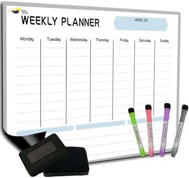Quick Canary Magnetic Weekly Dry Erase Board Calendar Whiteboard- Latest Premium Nano Technology Stops Stains- 17x12&rdquo; Whiteboard Calendar for Fridge- 4 Fine Tip Markers and Large Eraser- Weekly Planne