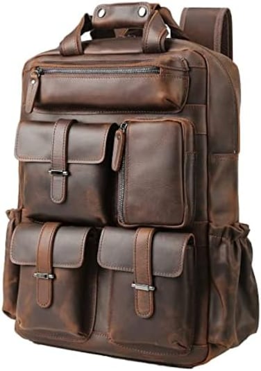 Masa Kawa Genuine Leather Backpack for Men Vintage 15.6 Inch Laptop Bag Multi Pockets Rucksack Casual Travel Daypack Brown, 15.6 Inch Brown, 15.6 inch, Travel Multi Pockets