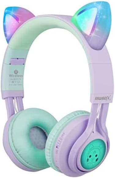 Riwbox Kids Headphones, Riwbox CT-7S Cat Ear Bluetooth Headphones 85dB Volume Limiting,LED Light Up Kids Wireless Headphones Over Ear with Microphone for iPhone/iPad/Kindle/Laptop/PC/TV (PurpleGreen