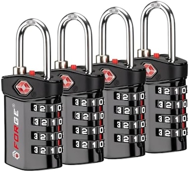 Forge 4 Digit TSA Approved Luggage Lock, 4 Pack Black, Inspection Indicator, Alloy Body