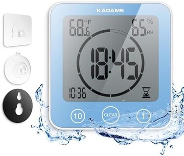 KADAMS Digital Bathroom Shower Kitchen Clock Timer with Alarm, Waterproof for Water Splashes, Visual Countdown Timer, Time Management Tool, Indoor Temperature Humidity, Suction Cup, Hole Stand - Blue