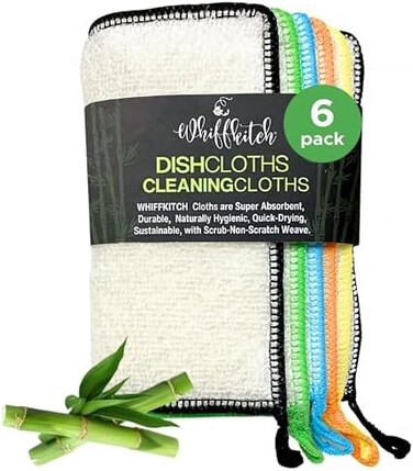 Whiffkitch Bamboo DishclothsCleaning Cloths 6pk, Scrub-Non-Scratch, Washable, Reusable, Super Absorbent, Hygienic, Quick Drying, Durable, Kitchen Essential, Washcloth, Dish Rags
