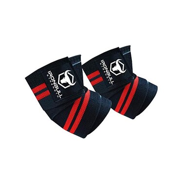 Iron Bull Strength Elbow Wraps (1 Pair- 40" Elastic Elbow SupportCompression - For Weightlifting, Powerlifting, Fitness, Cross TrainingGym Workout - Elbow Straps for Weight Lifting (Black/Red