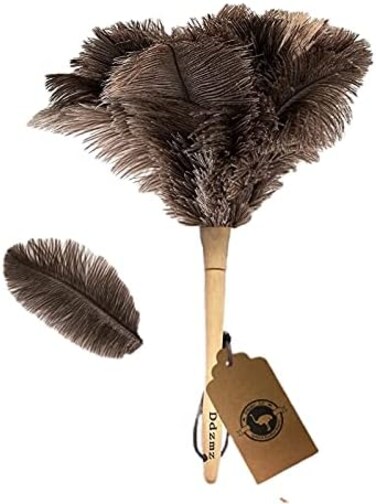 Ddzmz Genuine Ostrich Feather Duster Fluffy Natural with Wooden Handle and Eco-Friendly Reusable Handheld Cleaning Supplies, Gray and Brown(Length 16