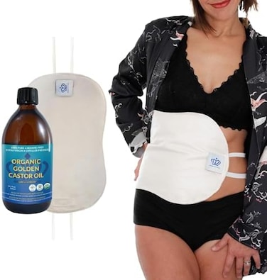 QUEEN OF THE THRONES Castor Oil Pack for Liver Kit Less Mess, Reusable, Comfort Sleep Fit - Organic Cotton FlannelSoft Ties (Certified Organic Castor Oil Included