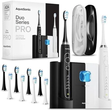 AquaSonic Duo PRO &ndash; Ultra Whitening 40,000 VPM Electric ToothBrushes &ndash; ADA Accepted - 5 Modes with Smart Timers - UV SanitizingWireless Charging Base - 10 Proflex Brush Heads2 Travel Cases