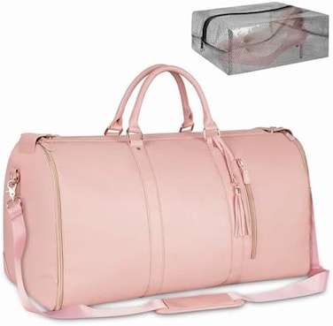Ytonet Carry On Garment Bag, Large PU Leather Duffle Bag for Women, Waterproof Garment Bags for Travel with Shoe Pouch, 2 in 1 Hanging Suitcase Suit Travel Bags, Gifts for Women, Pink, Pink, Tote