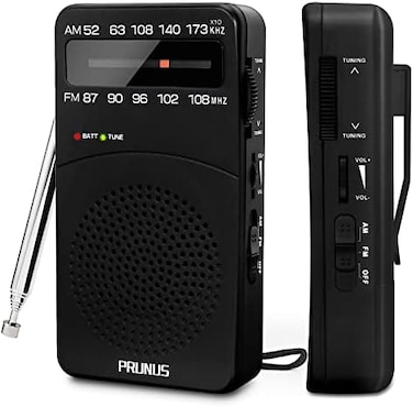 PRUNUS J-166 Small AM FM Radio Portable Transistor Radio Battery Operated Pocket Radio with NOAA Weather Band, Tuning Light, Back Clip, Excellent Reception for OutdoorIndoorEmergencies