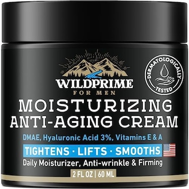 WildPRIME Men's Face Moisturizer Cream - Anti AgingWrinkle - Made in USA - Collagen, Hyaluronic Acid, Vitamins EA, Avocado Oil - After Shave Lotion - Age Facial Skin Care - DayNight Moisturizing, 2 oz