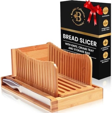 Bamb&uuml;si Luxury Bamboo Bread Slicer with Knife - 3 Slice Thickness, Foldable Compact Cutting Guide with Crumb Tray, Stainless Steel Bread Knife for Homemade Bread, Cake, Bagels 5.5&rdquo; Wide x 5&rdquo; Tall