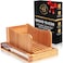 Bamb&uuml;si Luxury Bamboo Bread Slicer with Knife - 3 Slice Thickness, Foldable Compact Cutting Guide with Crumb Tray, Stainless Steel Bread Knife for Homemade Bread, Cake, Bagels 5.5&rdquo; Wide x 5&rdquo; Tall