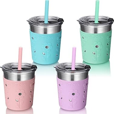Tiblue KidsToddler Cups - Spill Proof Stainless Steel Smoothie Tumblers with Leak Proof Lids, Silicone Straw with StopperSleeve - BPA FREE Snack Cup for Baby Girls Boys(4 Pack, 8oz Multicolor