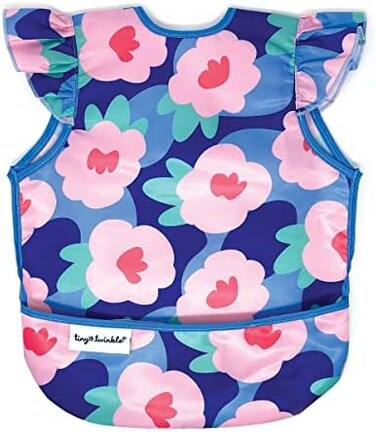 Tiny Twinkle Mess Proof Baby Bib - Waterproof Baby Apron - Machine Washable - PVC, BPA,Phthalate Free - Great Travel Bib for Baby Eating - Baby Food Bibs (Floral Blue, Large 2-4 Years