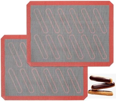 AMYONE Perforated Silicone Baking Mats, 2 PCS Eclair Silicone Mat for Half Sheet with 12 Printed Oblong Eclair Guides, Non-Stick Reusable Oven Liners for Making Bread/Pizza/Pastry/Cookie 11-4/5" x 15-
