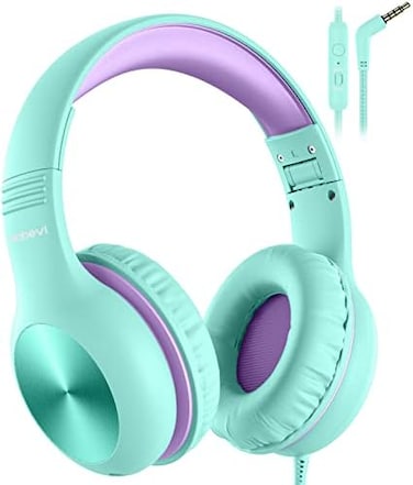 Nabevi Kids Headphones with Microphone, Over-Ear Headphones for Kids with Sharing Function, 85dB/94dB Safe Volume Limit, Headset for On-line Study, School, Travel, Headphone for Children [Green]