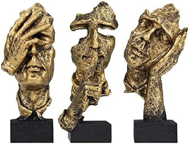 aboxoo 3 Pcs Thinker Statue, Silence is Gold Abstract Art Figurine, No Hear No See No Speak Modern Home Resin Sculptures Decorative Objects Modern Decor for Creative Room Home, Office Study (Gold