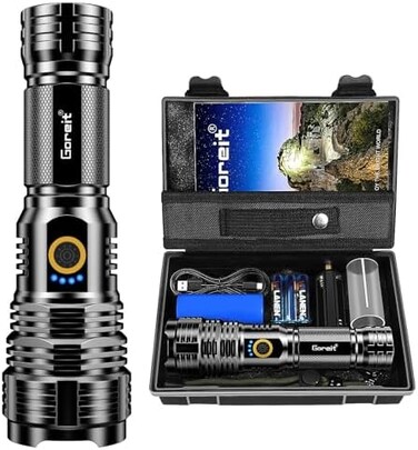 Goreit Flashlights LED High Lumens Rechargeable, 950000 Lumens XHP70.2 Super Bright Flashlight, Flash Light Battery Powered, Powerful Handheld Flashlight with holster for Emergency Camping Hiking Gift