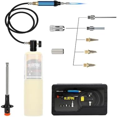 BLUEFIRE 3' Hose MAP/MAPP Gas Soldering Mini Pen Torch Kit Multi-Function Propane Torch with Free Flint Lighter Hotter Jewelry Torch Portable Brazing Welding Torch Kit by MAP Pro Propane Cylinder