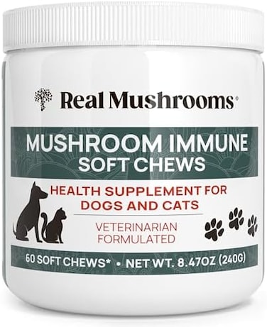 Real Mushrooms Mushroom Immune Support Pet Chews 60ct Treats for Dogs Booster Supplements Pets with Ashwagandha, Astragalus, Blueberry, Olive Leaf, Acerola Gut Health and Cats