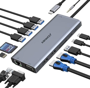ABIWAZY USB C Docking Station Dual Monitor for Dell/HP/Lenovo/Surface Laptop, 14 in 1 Triple Display Hub Multiple Adapter, Dongle with 2 HDMI 4KVGA5 Port100W PD ChargerEthernetSD/TFAudio