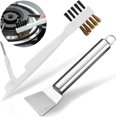 leuapl Kitchen Stove Cleaning BrushScraper Tool Set, Brass Wire Brushes for Range Hood Grease Grime, Rust Cleaner Heavy Duty Stainless Steel Putty Scraper for Gas Burners Cooktop Pot Pan