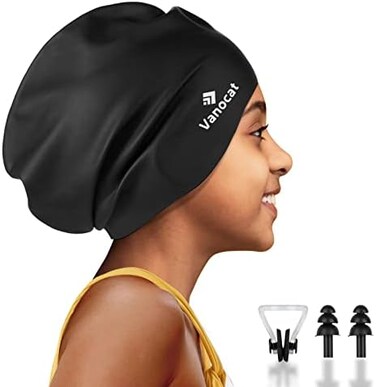 Vanocat Extra Large Kids Swimming Cap Long Hair, Waterproof Silicone Swimming Hat for Boys Girls Children Youth Teen, Swim Cap for Long Thick Curly HairDreadlocks Braids Weaves Afro Hair