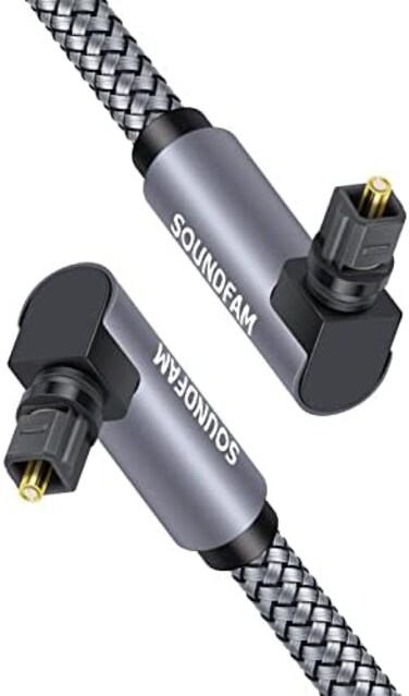 SOUNDFAM 90 Degree Toslink Optical Audio Cable Double Right Angle Fiber Optic Cable 360 Degree Free-Rotating Plug for Home Theater, Sound Bar,TV-Grey (10ft/3m